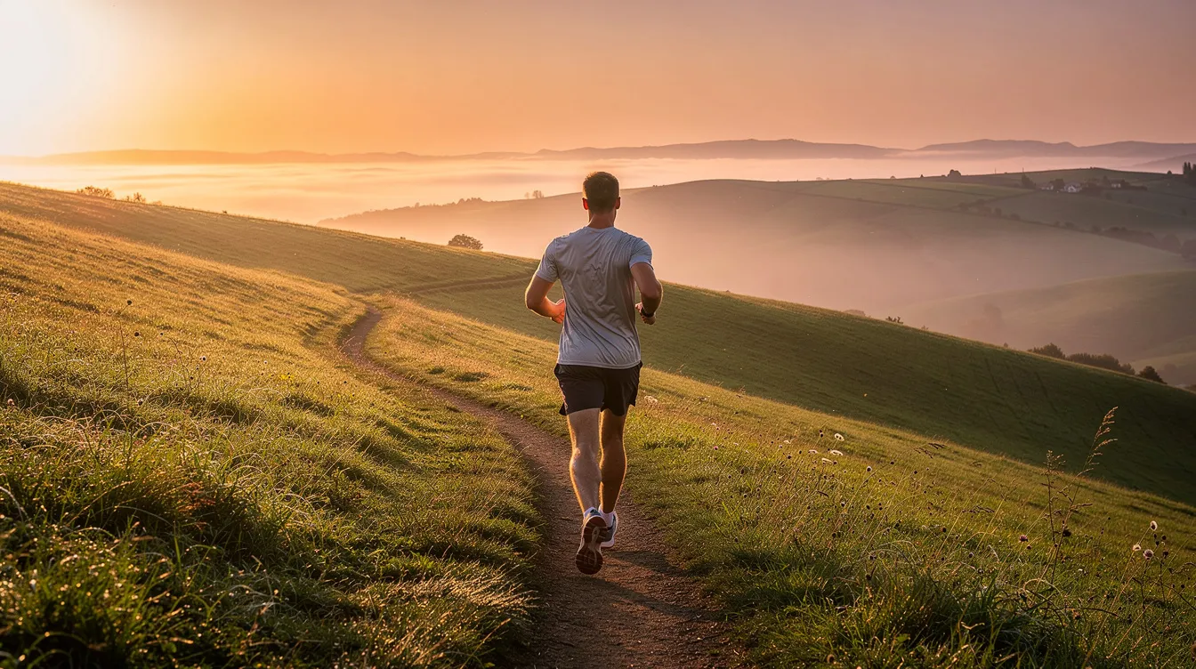 A man jogs along a scenic trail surrounded by lush green hills as the sun rises, symbolizing a healthy lifestyle that supports sexual wellness and improves blood flow. This image reflects the importance of physical activity for men's sexual health and overall well-being.