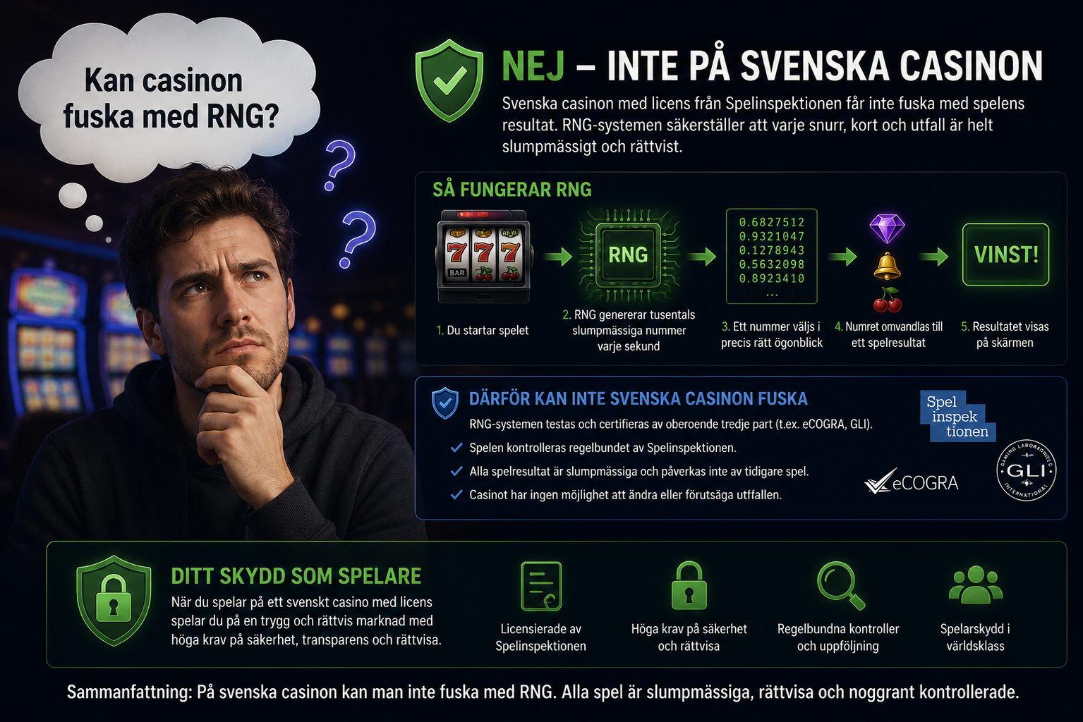 Infografik som förklarar varför svenska casinon inte kan fuska med RNG och spelresultat