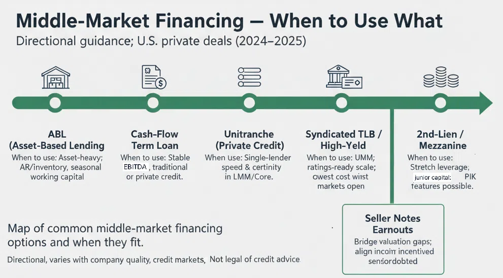 Middle-market financing map: ABL → Cash-flow term loan → Unitranche → Syndicated TLB/HY → 2nd-lien/Mezz; branch to Seller notes/Earnouts. Each node shows when to use and badges for speed, certainty, leverage, and covenant intensity.
