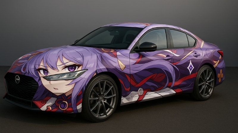 Nissan car wrapped in full anime car wrap