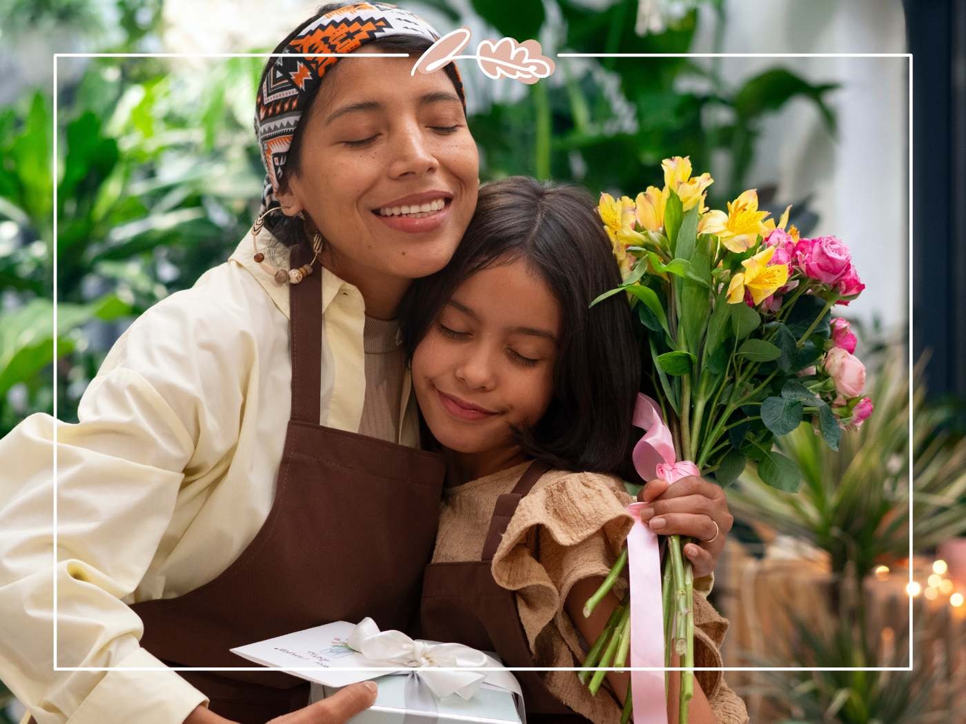 Daughter surprises mum with bouquet and gift, sharing a warm hug in a leafy florist studio — Fabulous Birthday Wishes for Mom.