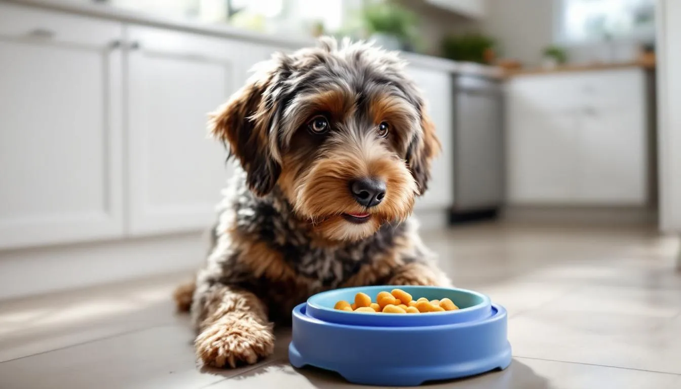 In a bright kitchen, a playful Schnoodle is happily eating from a puzzle feeder bowl, showcasing proper feeding enrichment techniques for pet parents. This scene highlights the importance of engaging activities for Schnoodle puppies and demonstrates how to keep them mentally stimulated while enjoying high-quality dog food.