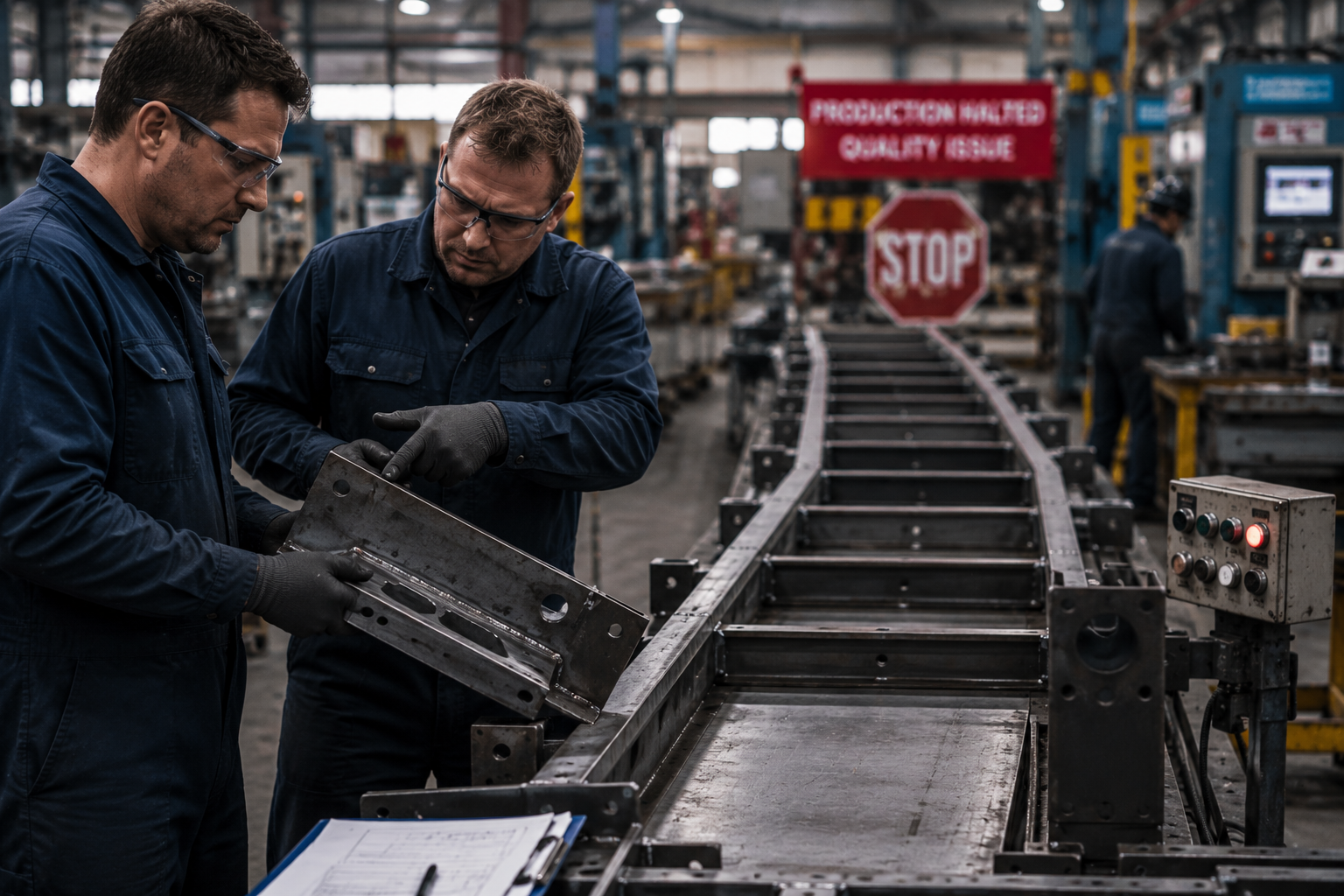 Industrial engineer inspecting poorly maintained production machinery inside a busy factory.