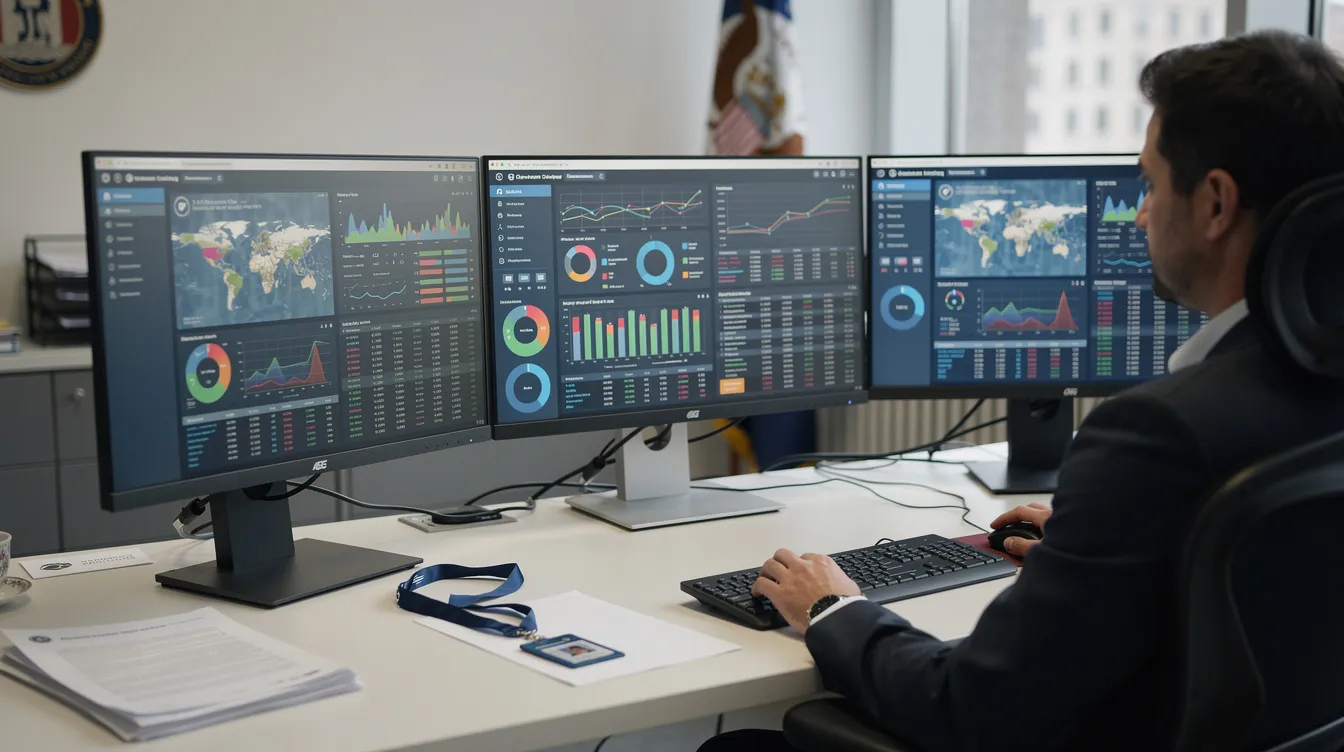 The image shows a person working at a government office desk, surrounded by multiple monitors displaying various data dashboards. This setup reflects the increasing demand for tech skills and data analytics in the job market, emphasizing the importance of continuous learning and career development for Gen Z workers.