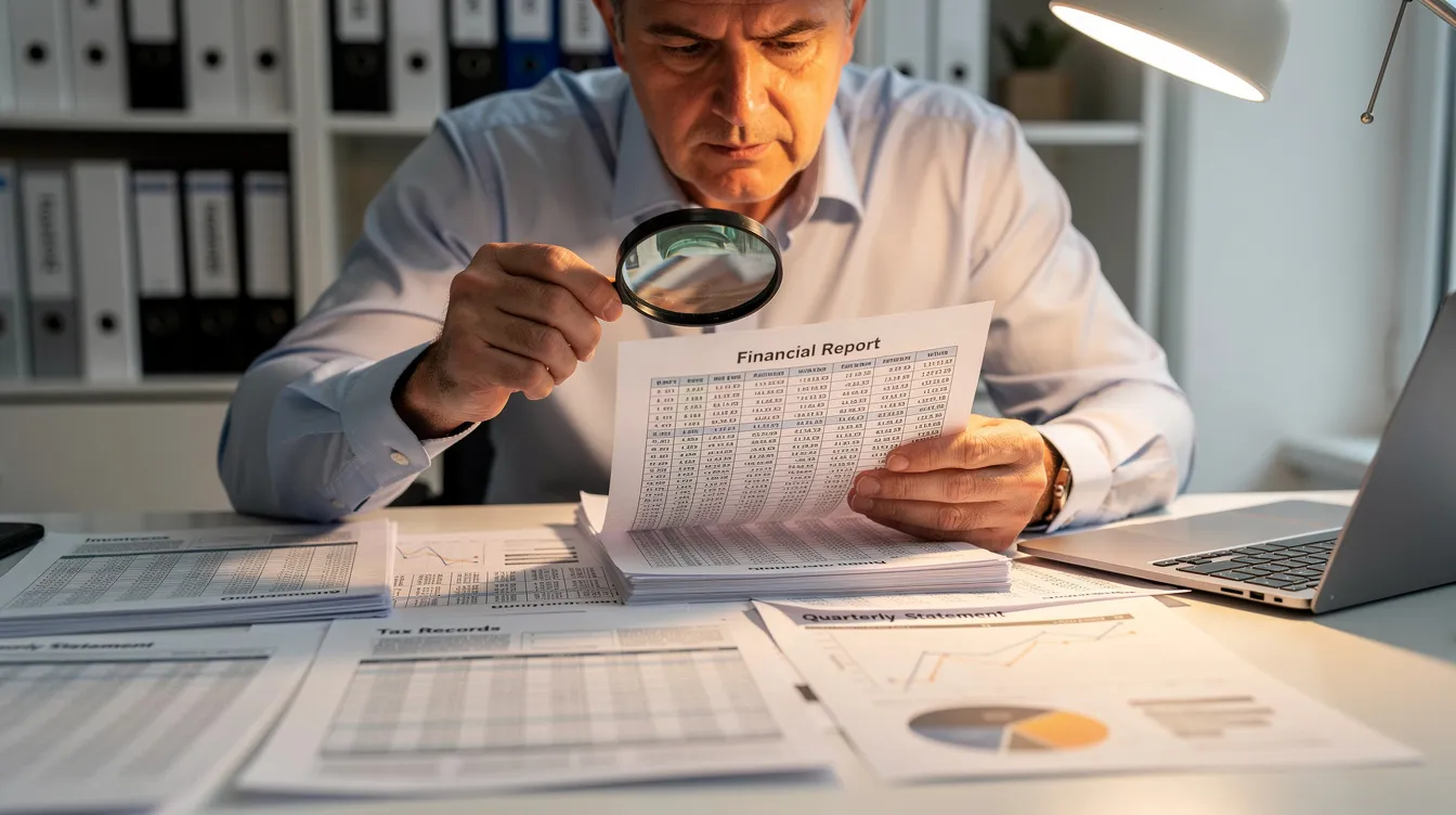 b7b8d55a e4f4 457e a0d0 a870636b1974 A person is closely examining a stack of financial documents with a magnifying glass, highlighting their attention to detail in understanding insurance policies and potential risks. This careful review may relate to issues such as insurance mis selling, ensuring informed decisions about financial assistance and personal loans.