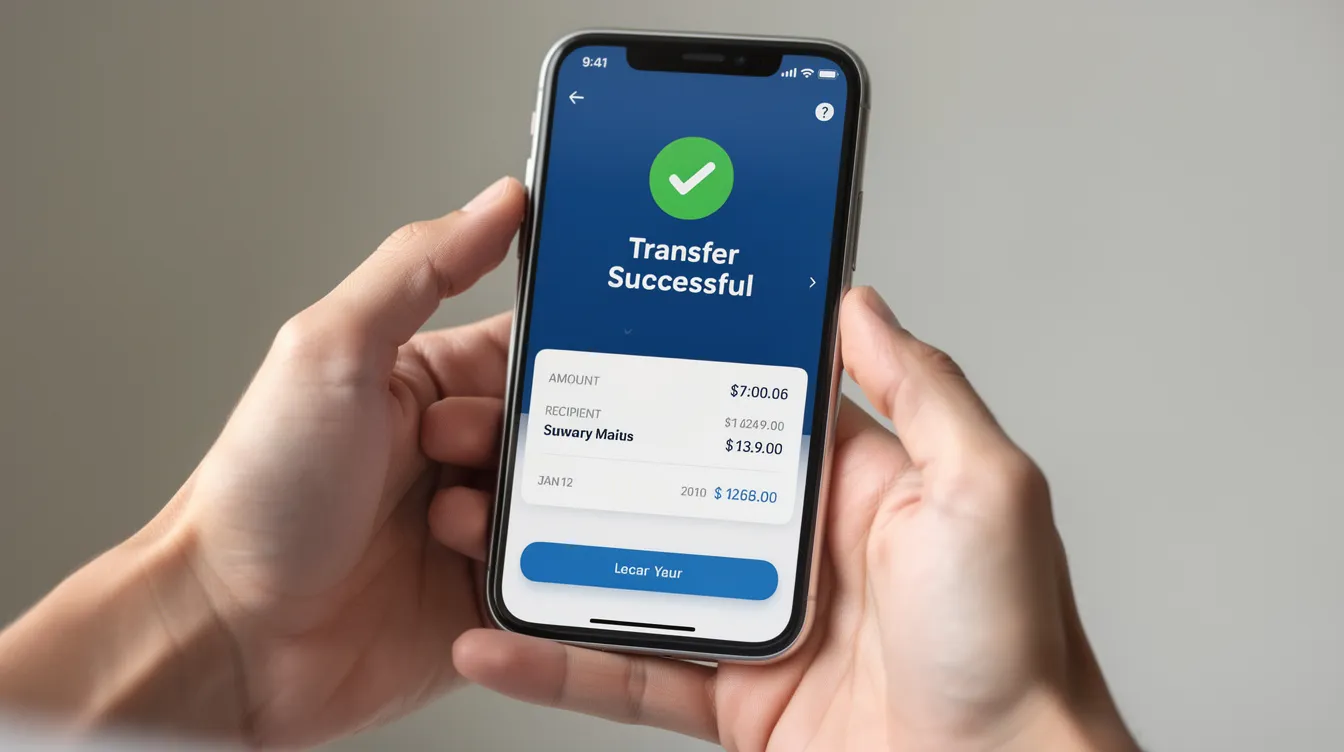 An image shows a pair of hands holding a smartphone that displays a banking transfer confirmation screen with a prominent green checkmark, indicating a successful transaction. This visual represents the ease of using Kotak Mahindra Bank for international money transfers and managing bank accounts efficiently.