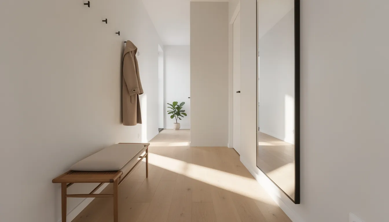 En modern skandinavisk hall med ett vackert trägolv, där en stor rektangulär väggspegel reflekterar det naturliga ljuset och skapar en ljusare och mer rymlig känsla i rummet. Spegeln fungerar som en snygg inredningsdetalj som förstärker hallens stil.