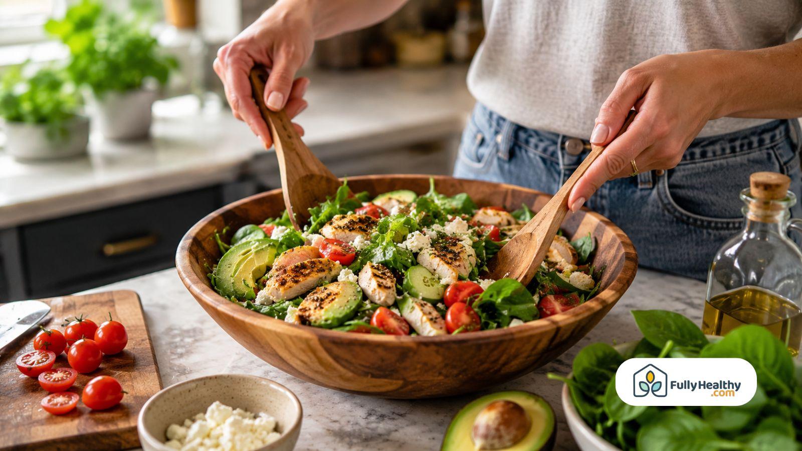 Homemade keto salad with tomatoes avocado grilled chicken and olive oil dressing