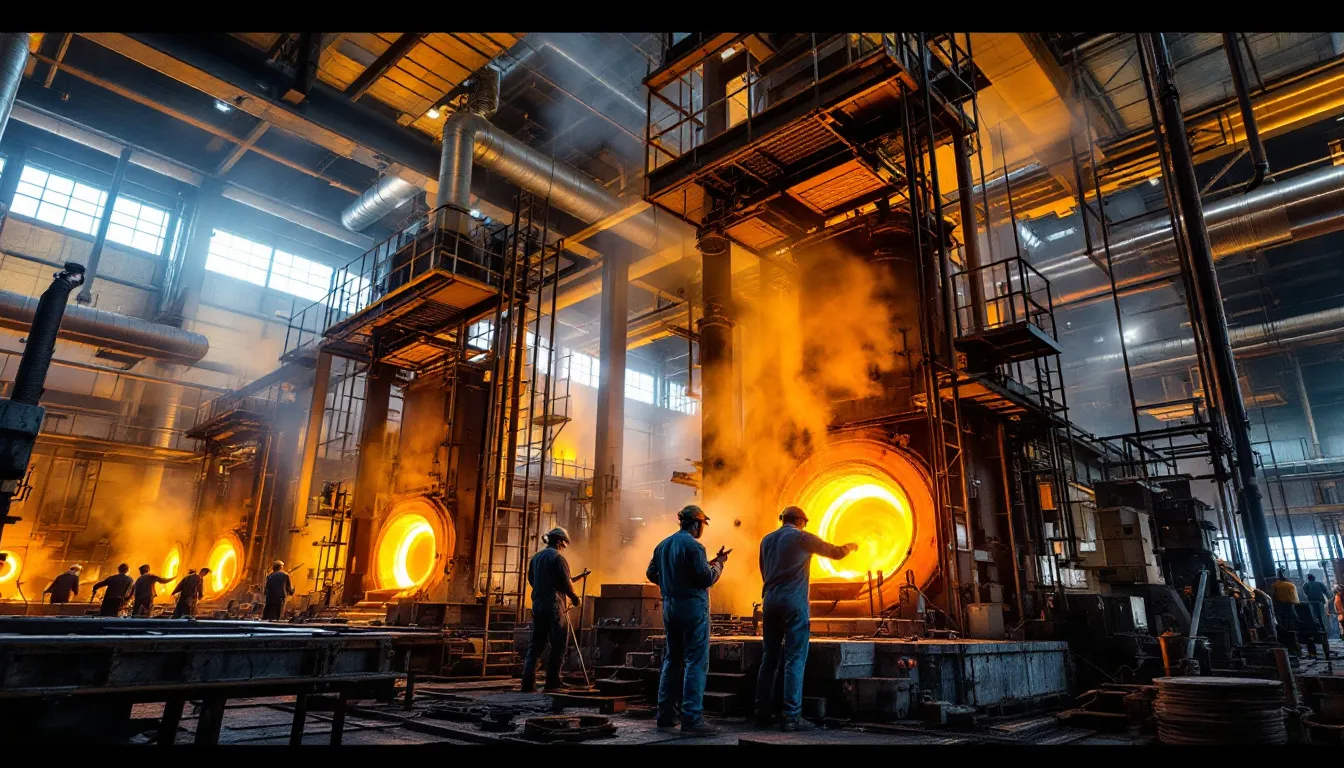 Na zdjęciu przedstawione jest wnętrze huty szkła, gdzie pracownicy zajmują się wytwarzaniem szkła użytkowego przy piecach szklarskich. W tle widoczne są różne przedmioty, takie jak wazony i patery, charakterystyczne dla huty szkła gospodarczego ząbkowice z czasów PRL-u.