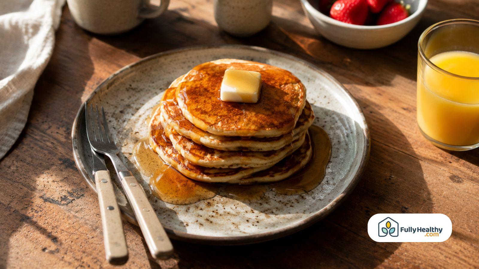 Homemade pancakes with syrup in warm morning sunlight.