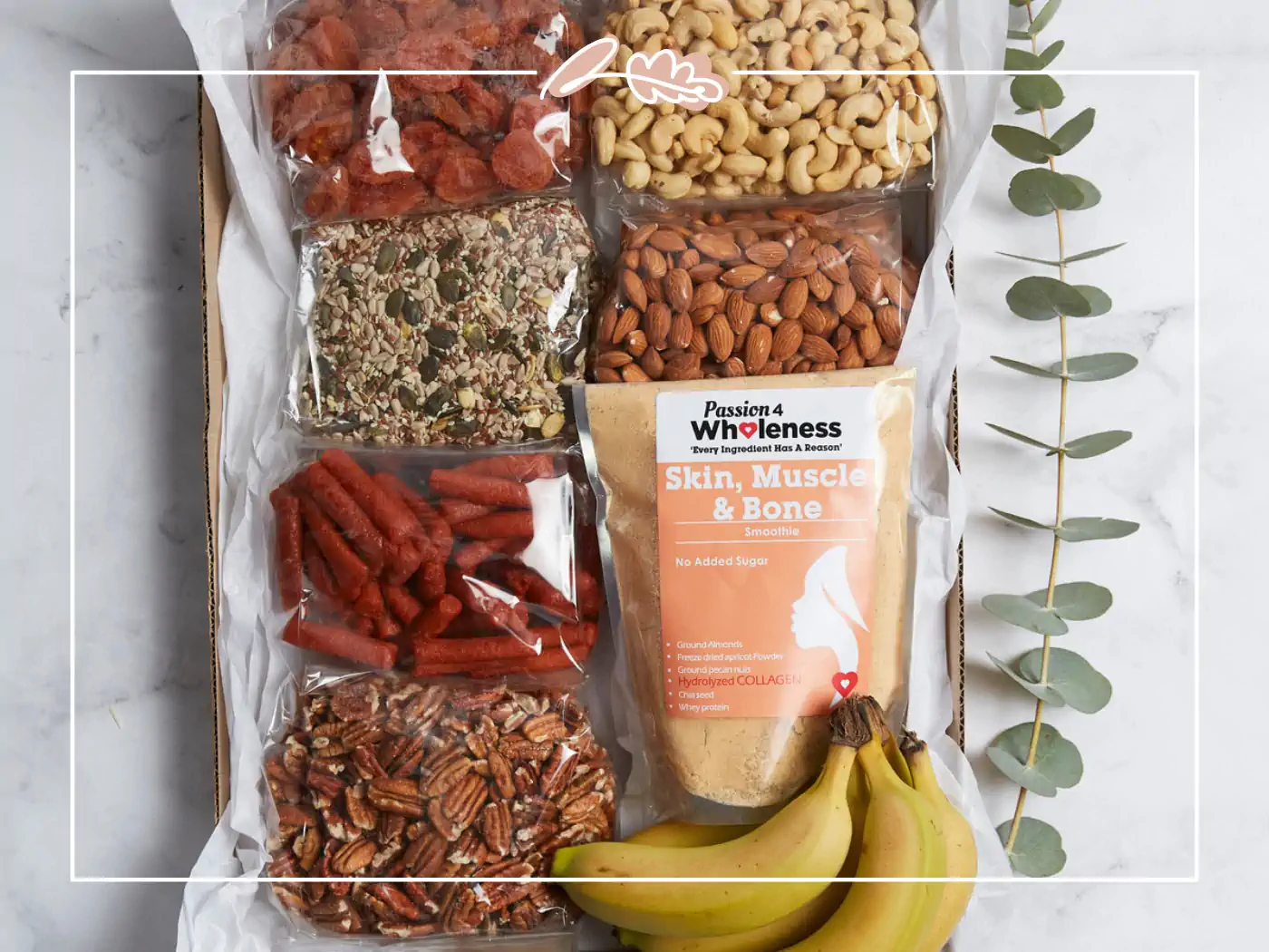 Healthy snack box with nuts, seeds, dried fruits, and bananas, Fabulous Flowers and Gifts