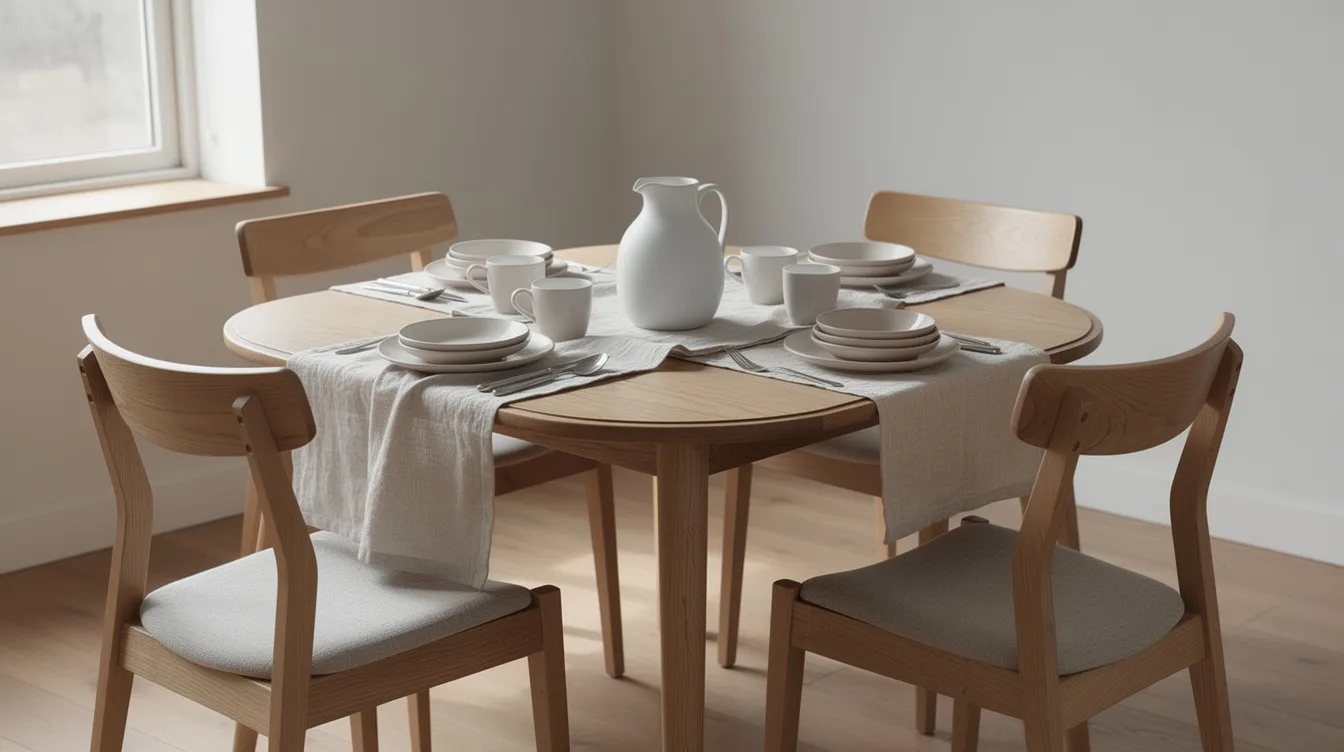 Een ovale eiken eettafel omringd door vier stoelen, bedekt met een linnen tafelloper en versierd met keramieken servies. Deze setting weerspiegelt de japandi woonstijl, met strakke lijnen en natuurlijke kleuren die een serene sfeer creëren.