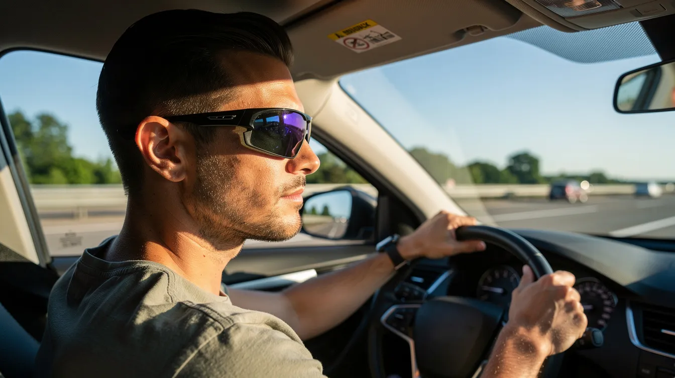 Um homem dirige em uma estrada ensolarada, usando óculos de sol escuros da marca Oakley, que oferecem proteção contra os raios UV e combinam estilo e conforto. O visual destaca-se pela leveza e design moderno, ideal para atividades ao ar livre.