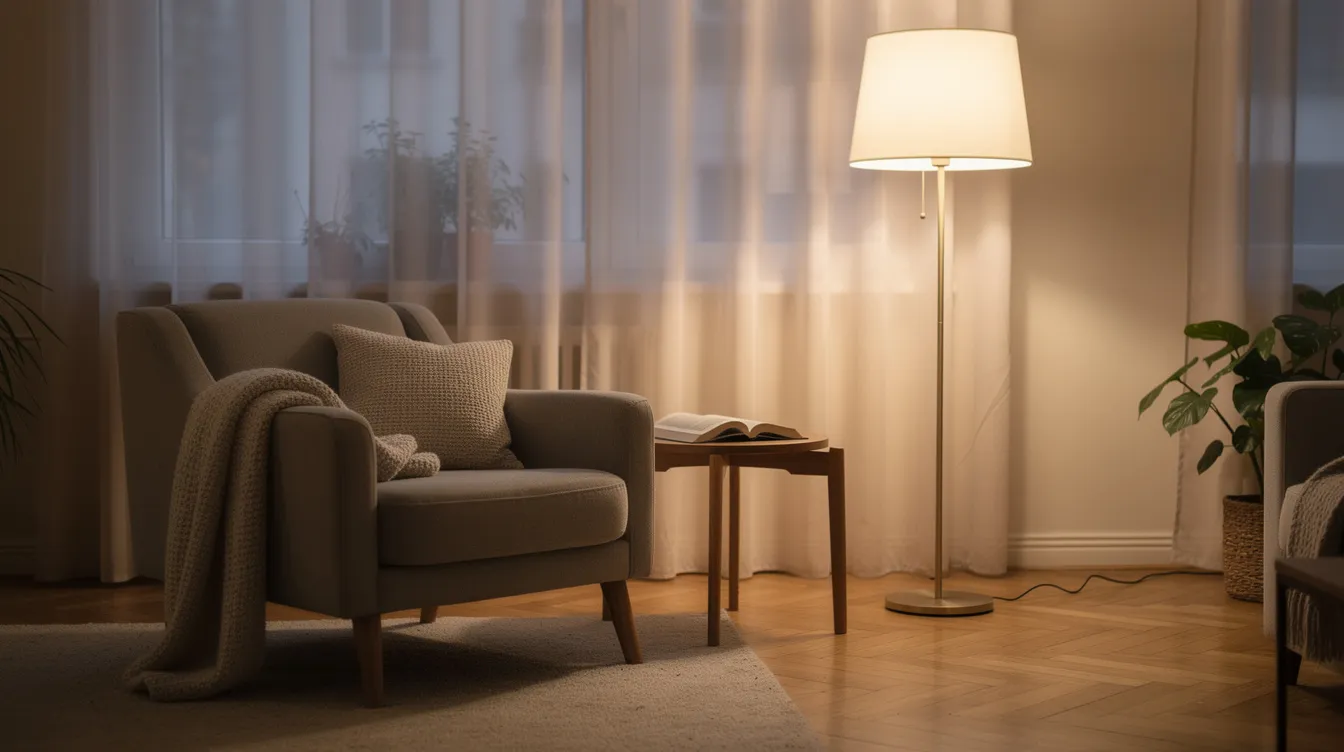 Ett mysigt vardagsrum med en elegant golvlampa i modern design från exempelvis Louis Poulsen eller Gubi, som står bredvid en bekväm fåtölj. På golvet ligger en öppen bok, vilket ger en inbjudande och avslappnad känsla i rummet.