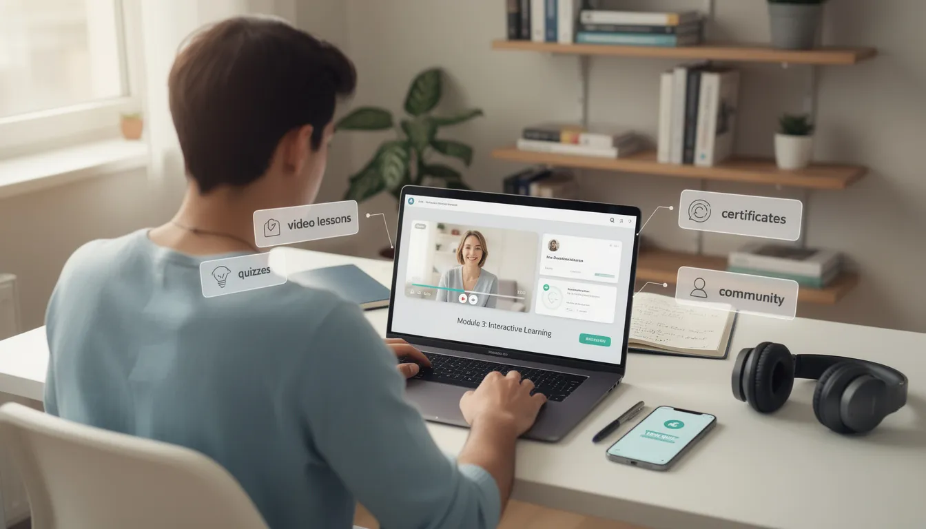Das Bild zeigt eine Übersicht über den E-Learning-Markt mit verschiedenen Statistiken zu Online-Kursen und Schulungen. Es werden Daten zu den beliebtesten Lernmethoden, Kursinhalten und den Trends in der Online-Bildung präsentiert, um die Entwicklung und den Nutzen von E-Learning-Plattformen zu verdeutlichen.