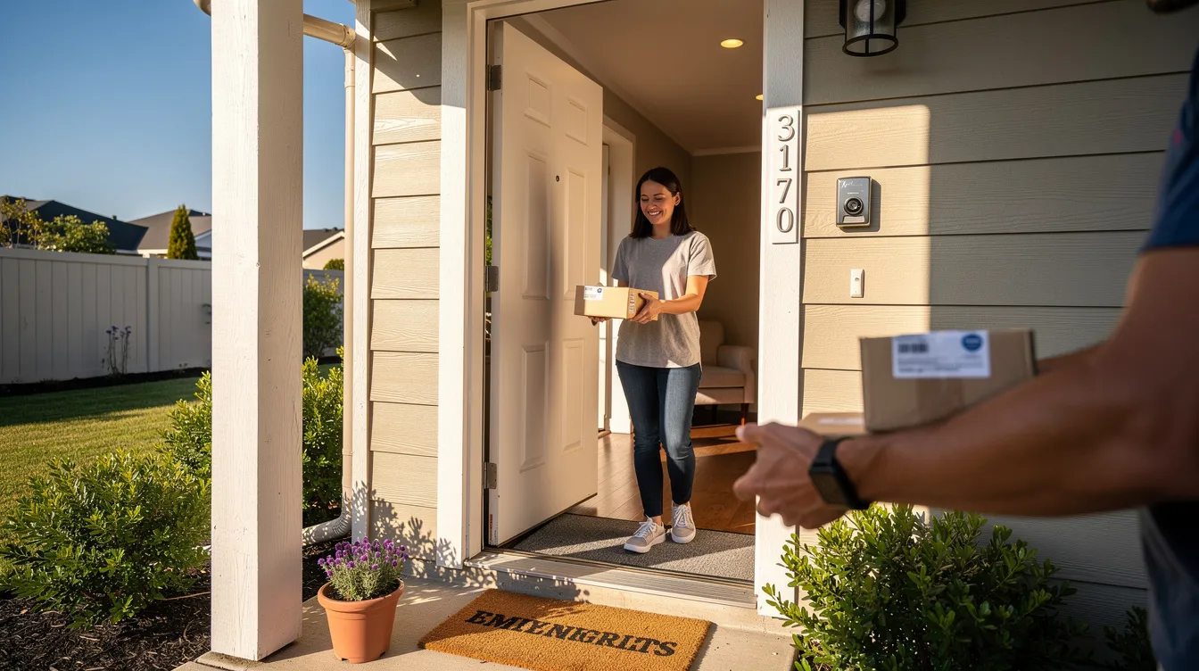 A person stands at their front door on a sunny day, smiling as they receive a small package, possibly containing hemp-derived products or cannabis items. The scene captures a moment of convenience and satisfaction, reflecting the growing acceptance of legal hemp and cannabis laws in Maine.