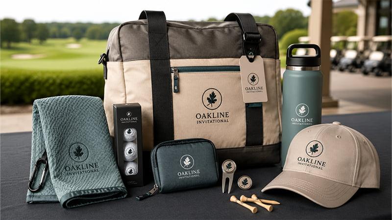 Coordinated golf tournament swag bag with tote, towel, cap, bottle, golf balls, divot tool, tees, and valuables pouch