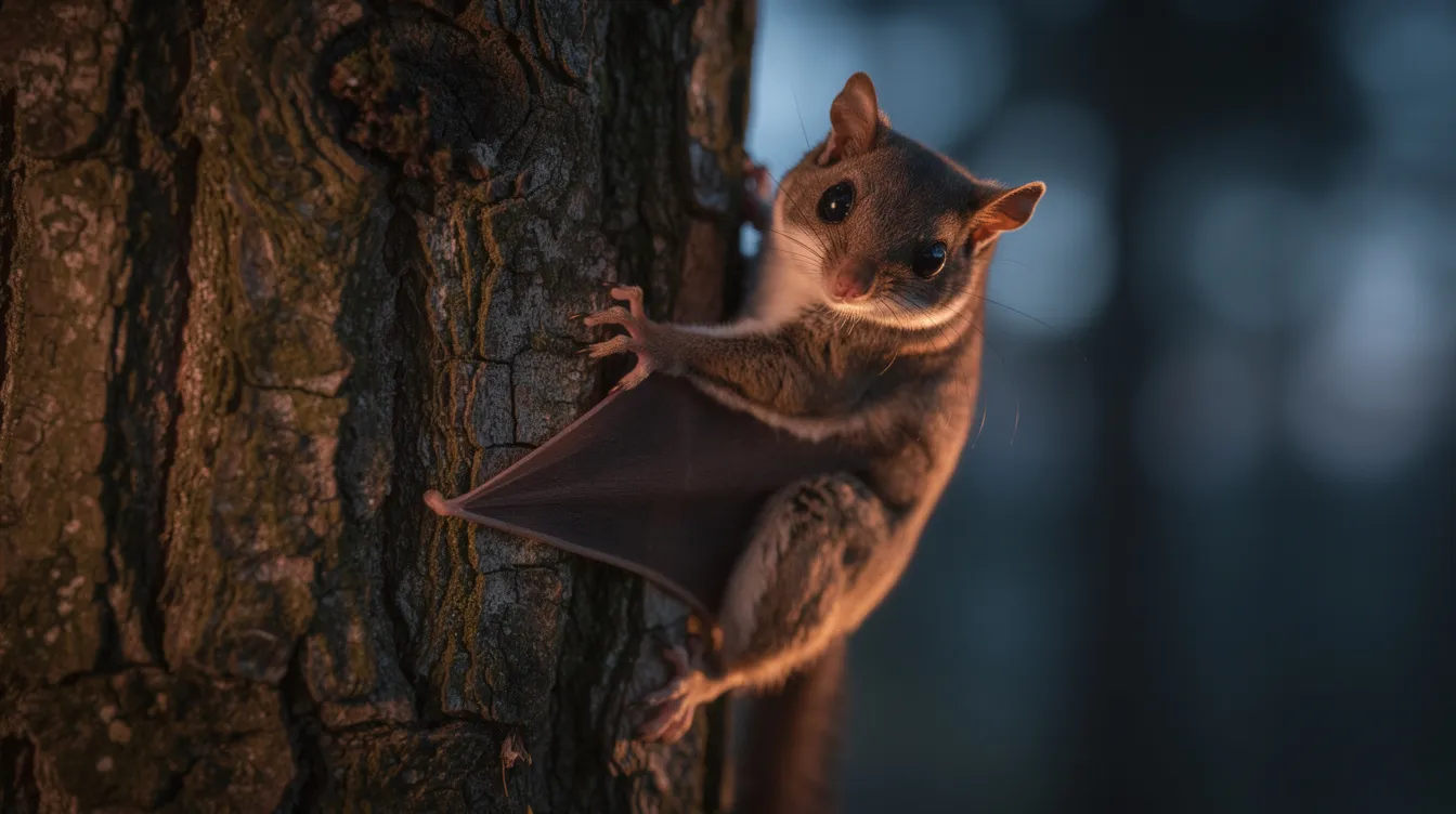A small brown flying squirrel, identifiable by its large dark eyes and extended gliding membrane, clings to a tree trunk at dusk. This nocturnal creature is part of the diverse squirrel species found in Ontario, showcasing its ability to thrive in natural spaces like boreal forests.