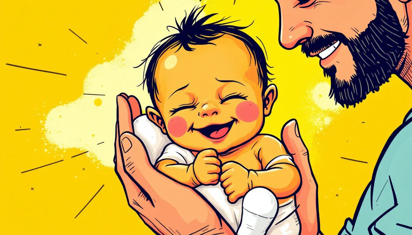 Ein glückliches Baby mit Gelbsucht, das in den Armen seiner Eltern liegt.