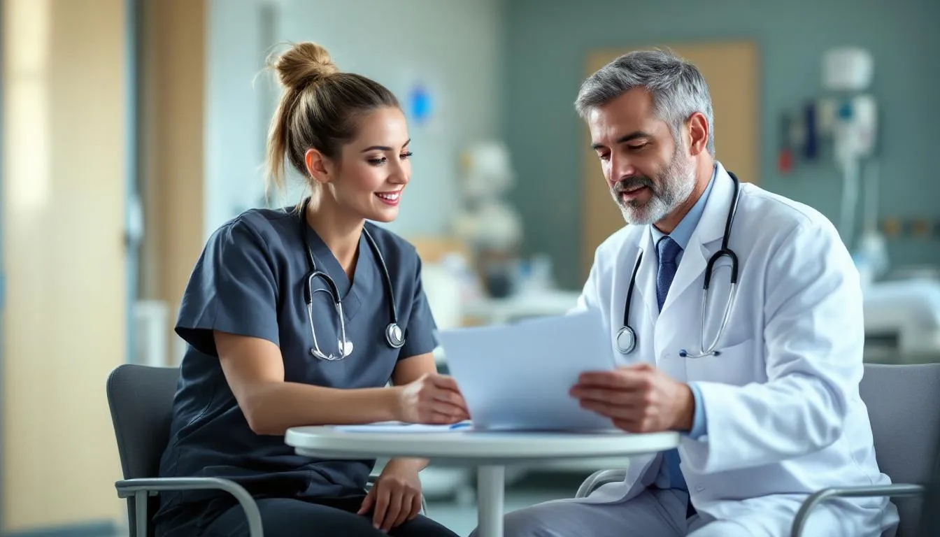 The image depicts healthcare professionals engaged in a consultation, discussing patient care and clinical decision making. They represent various healthcare providers, including licensed physicians, emphasizing the importance of regulatory compliance and administrative services within the healthcare industry.