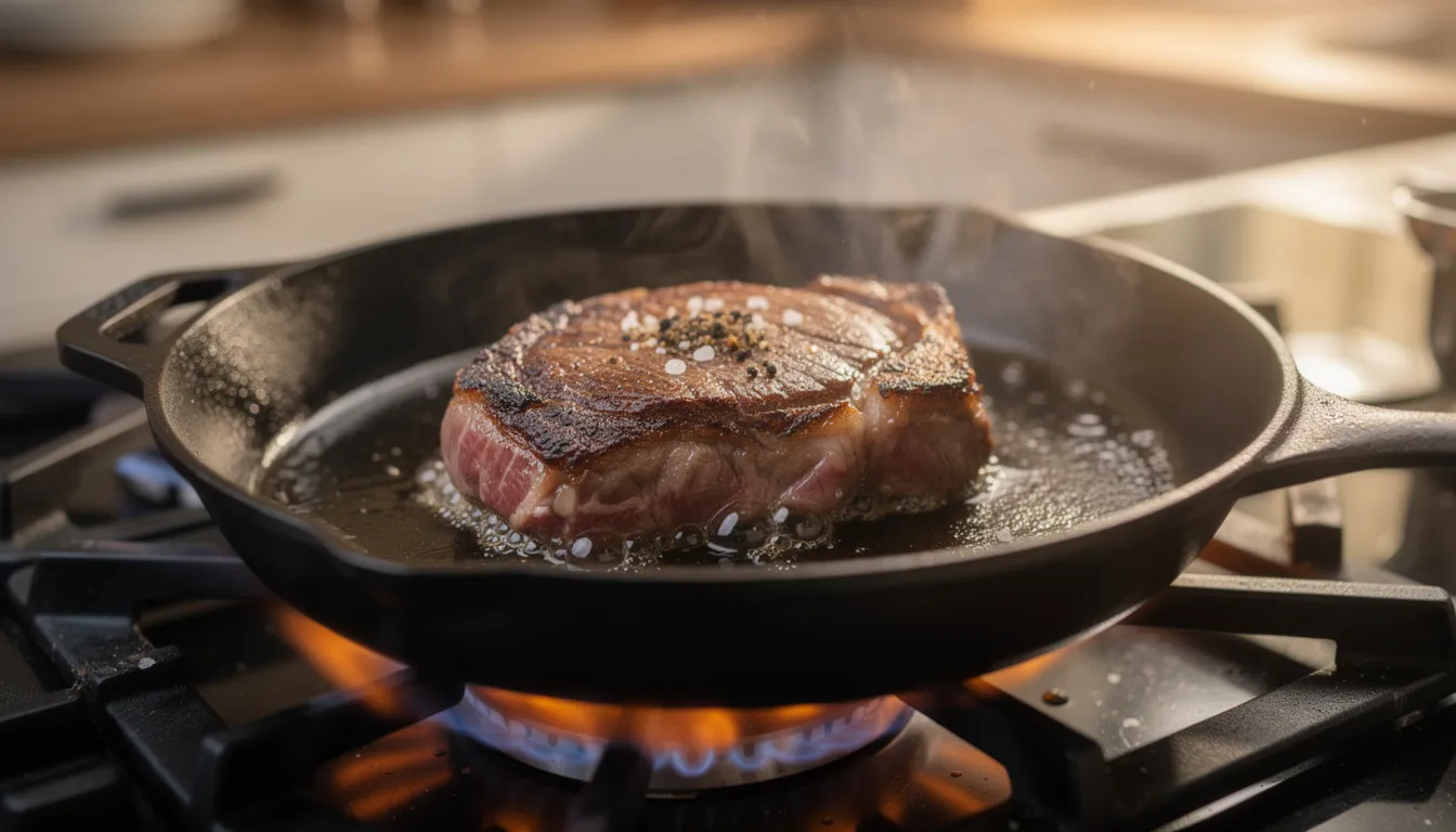 A cast iron skillet sits on a stovetop, with a juicy steak searing in it, producing a savory aroma. The use of beef tallow in cooking not only enhances flavor but also offers health benefits, including essential fatty acids and fat-soluble vitamins.
