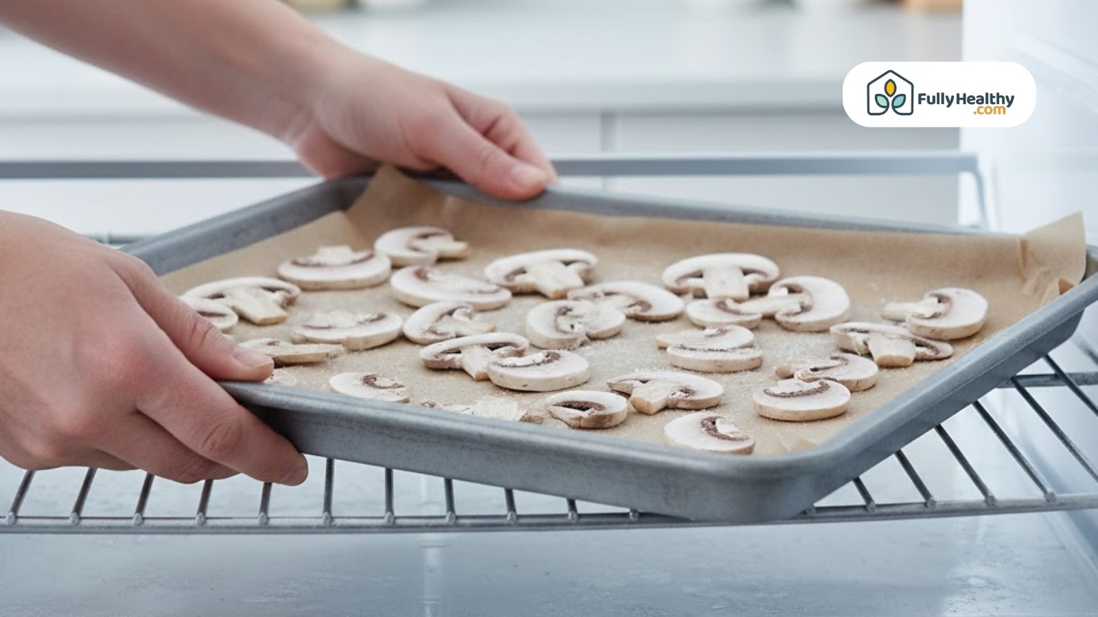 Hand placing tray of sliced mushrooms into freezer on parchment-lined baking sheet