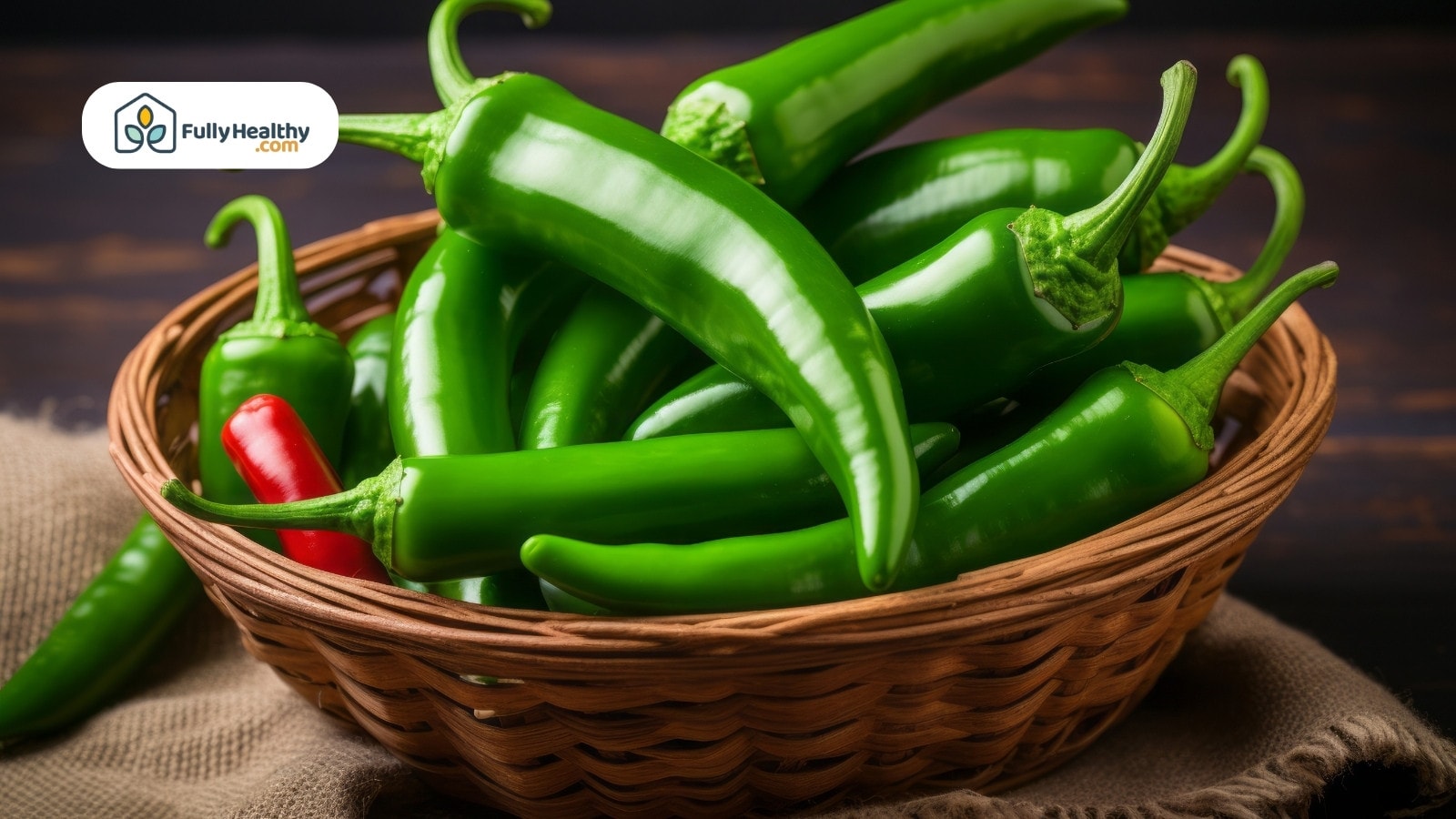 Basket full of fresh green chili peppers with one red pepper