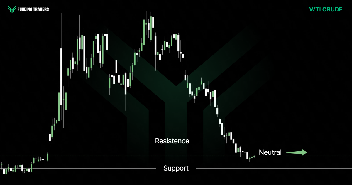 Candlestick price chart for WTI Crude oil on a dark Funding Traders background. After rallying to a peak, price rolls over and declines steadily, breaking below the marked Resistance line and drifting down toward the Support line near the bottom of the range. A green horizontal arrow labeled "Neutral" on the right signals that selling pressure has stalled, with crude flattening out between support and resistance and reflecting a bearish to neutral outlook.