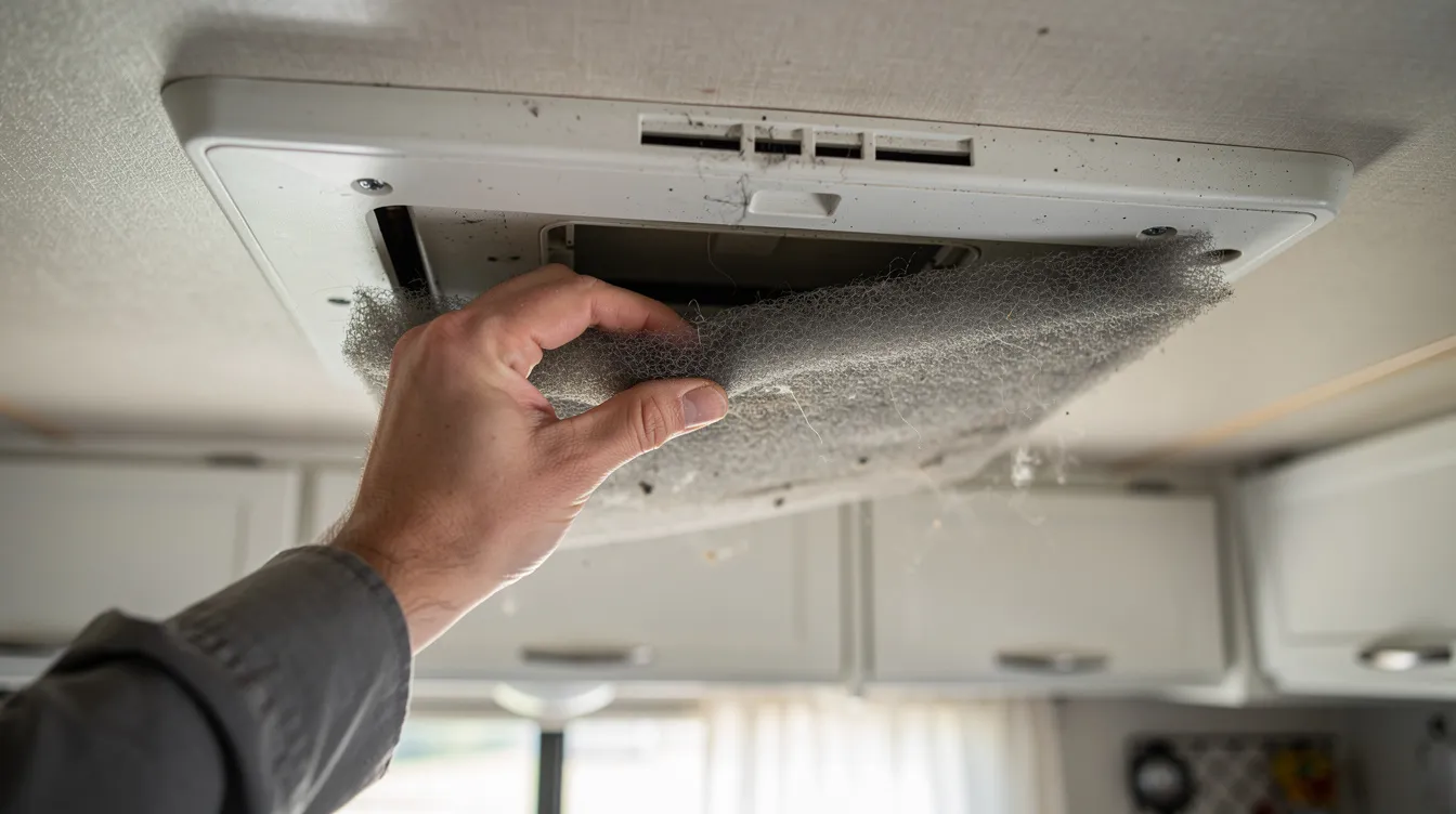 A close-up image shows a person carefully removing a dusty foam air filter from the ceiling vent of an RV interior, highlighting the importance of maintaining the RV air conditioner for good airflow and cool air during warm weather. The worn filter indicates potential restricted airflow, which can affect the performance of the AC unit.