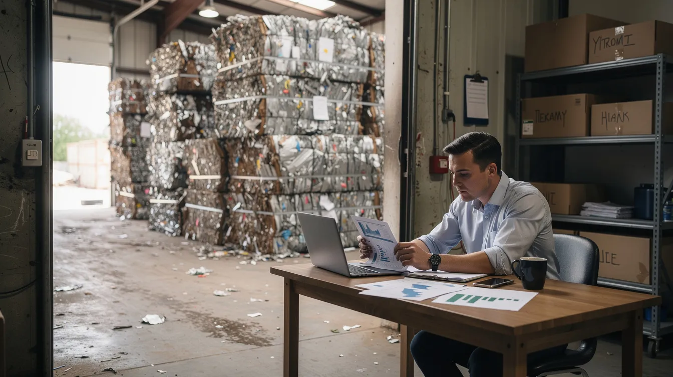 b7c89189 0bb8 46ac aec6 e8ddc8c1d37d An entrepreneur sits at a small warehouse desk, reviewing documents related to their scrap business, with large bales of metal and plastic scrap stacked in the background, illustrating the bustling environment of the recycling industry. The scene captures the essence of a scrap trading business, highlighting the importance of market research and business planning in this booming industry.