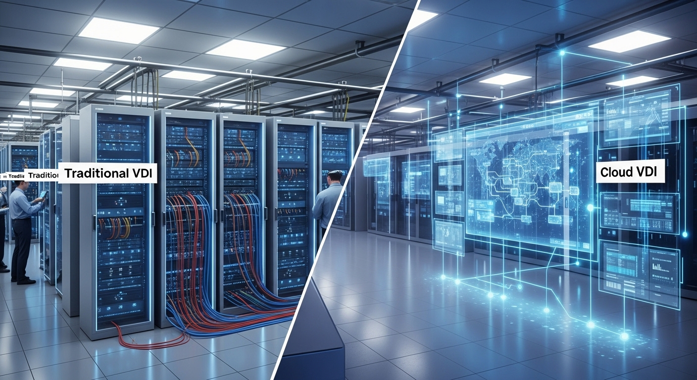 Split-screen comparison showing on-premises data center racks labeled Traditional VDI versus cloud-hosted infrastructure labeled Cloud VDI.