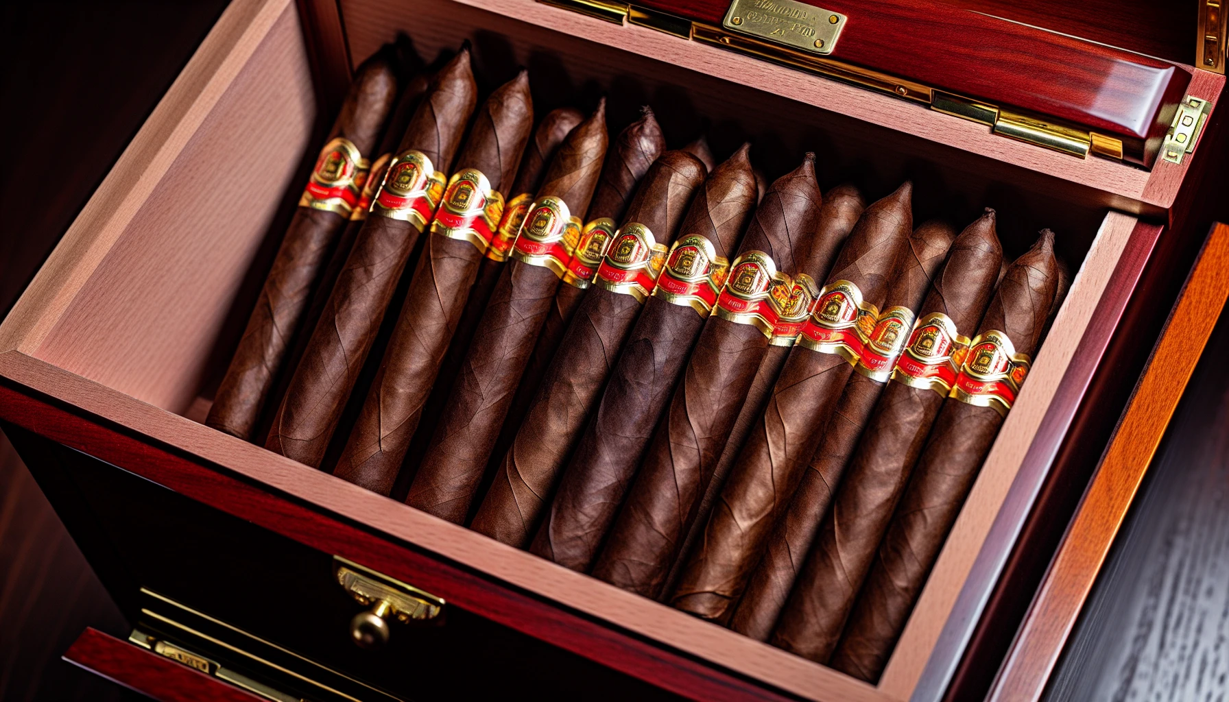 A selection of Hoyo de Monterrey Dark Sumatra cigars resting in a humidor