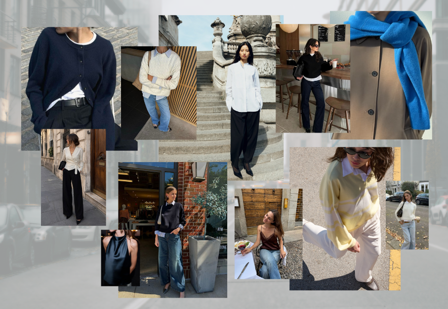 Collage of fall tops including white button-down, elevated shirts, sweaters, and cardigans for work capsule wardrobe inspiration