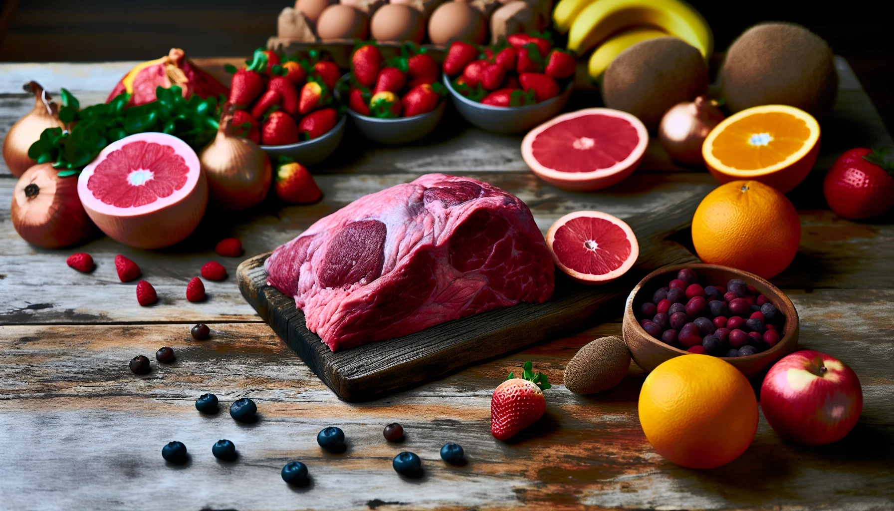 Photo of various dietary items including red meat and raw fruits