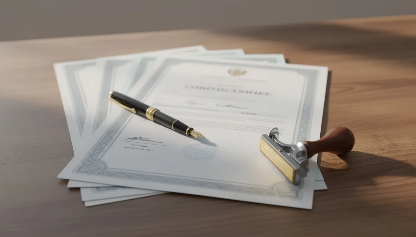 Een houten bureau met officiële documenten en certificaten ligt centraal, vergezeld van een stempel en een pen. Deze setting roept een gevoel van formaliteit en betrouwbaarheid op, wat belangrijk is voor bijvoorbeeld een betrouwbaar casino zonder cruks.