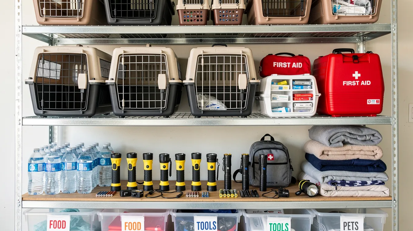 a well-organized shelf stocked with emergency evacuation supplies, including pet carriers, first aid kits, and flashlights, highlighting the importance of emergency preparedness for pet care businesses and pet parents. This setup emphasizes safety measures and the need for trained personnel to respond quickly during medical emergencies, ensuring a secure environment for animals.