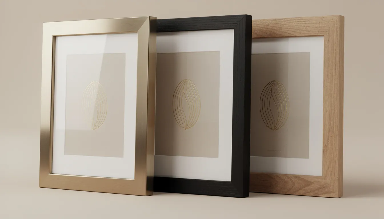 Närbild på tre olika ramtyper i guld, svart och ek som alla inramar samma guldiga motiv, vilket ger en känsla av lyx och stil. Ramarna visar hur olika material kan skapa variation i hemmet, oavsett vilket rum de placeras i.