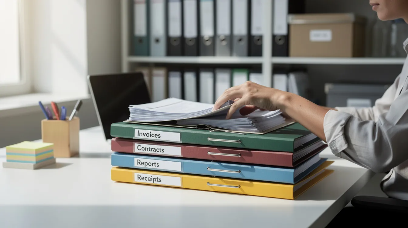 A person is seen organizing important documents into labeled folders, including medical records, tax documents, and vital papers, using a color-coded filing system for efficient access and secure storage. The scene emphasizes the importance of staying organized to manage essential documents like birth certificates and financial records effectively.