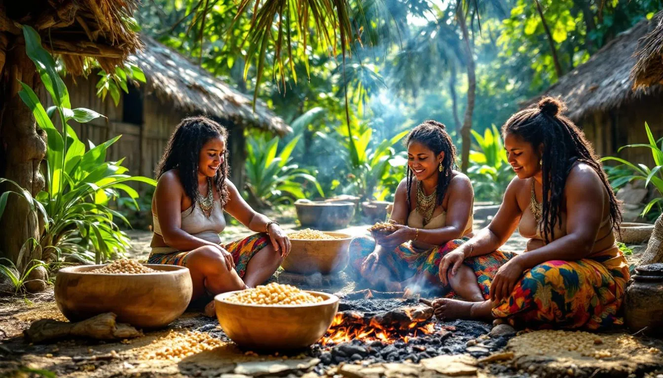 In a vibrant outdoor setting in rural Honduras, a group of Indigenous Miskito women, dressed in traditional clothing, are hand-processing palm nuts to create Batana oil, known for its benefits in promoting hair growth and overall hair health. Surrounded by lush greenery and rustic huts, the women demonstrate their ancestral craft with pride, emphasizing the cultural significance and sustainability of this ancient beauty secret.