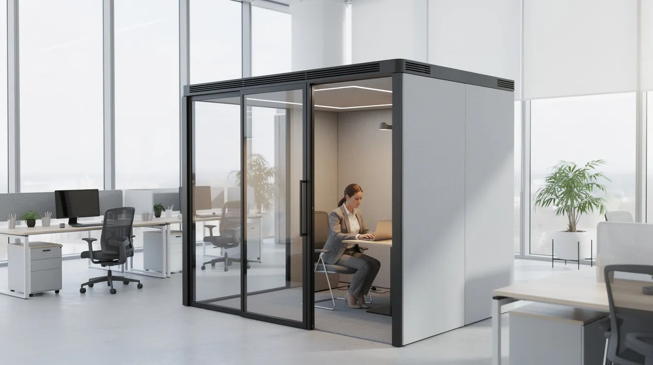 The image depicts a modern open-plan office featuring a modular acoustic pod with glass panels, where a person is focused on their work inside. This ergonomic workspace emphasizes comfort and productivity, highlighting innovative solutions for wellness and posture support in a contemporary setting.