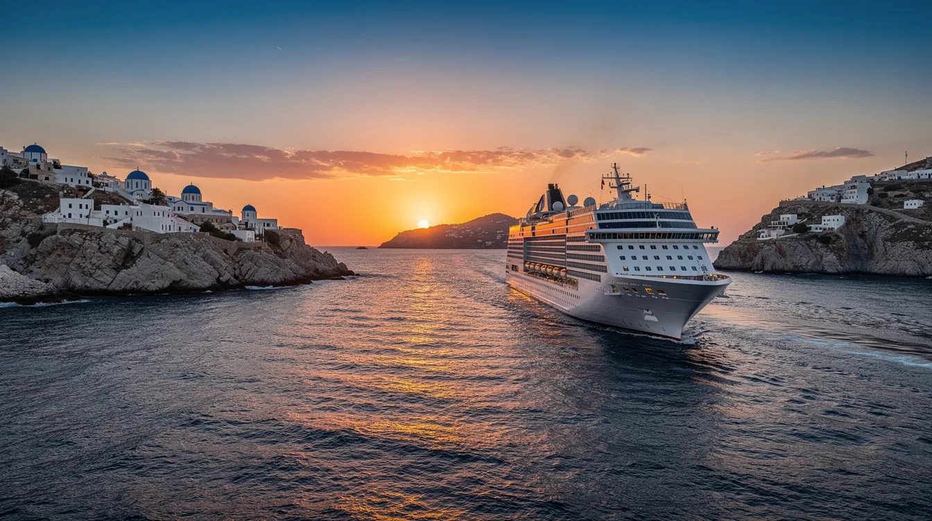 Um cruzeiro desliza suavemente entre as ilhas gregas ao pôr do sol, com as águas do mar Egeu refletindo tons alaranjados e dourados. Ao fundo, silhuetas de ilhas e a arquitetura típica grega criam um cenário deslumbrante, perfeito para uma viagem inesquecível.