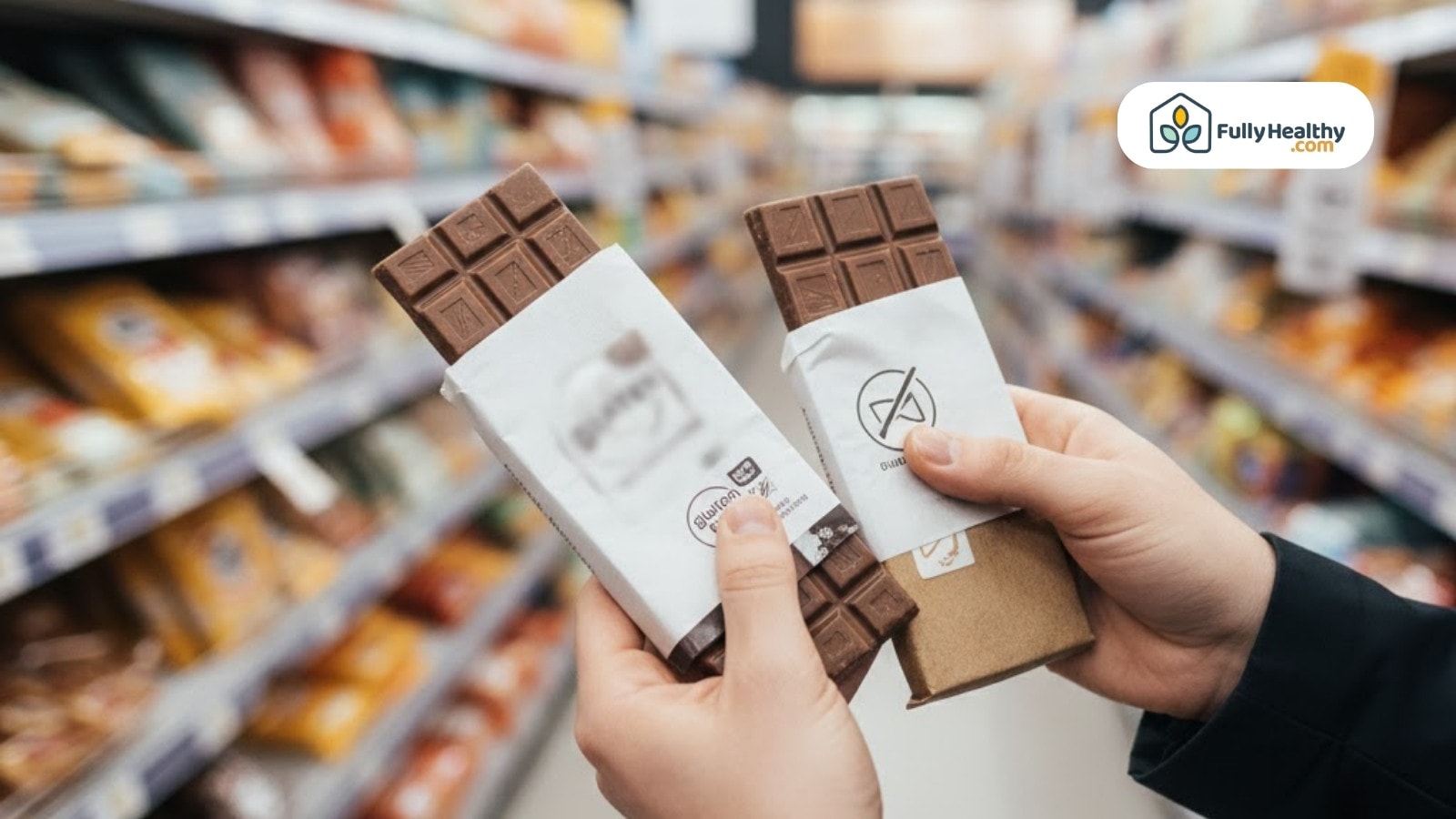 Person comparing two chocolate bars in grocery store snack aisle