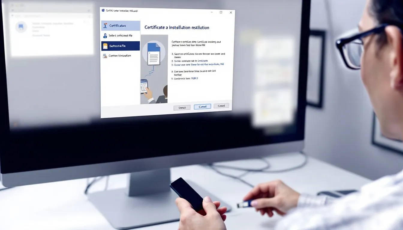 A imagem ilustra o processo de instalação de um certificado digital utilizando um token conectado a um computador, com a tela do sistema exibindo opções de autenticação e acesso ao portal de emissão de notas fiscais eletrônicas. Elementos visuais incluem o token, o computador e a interface do site que facilita a emissão de documentos de forma acessível.