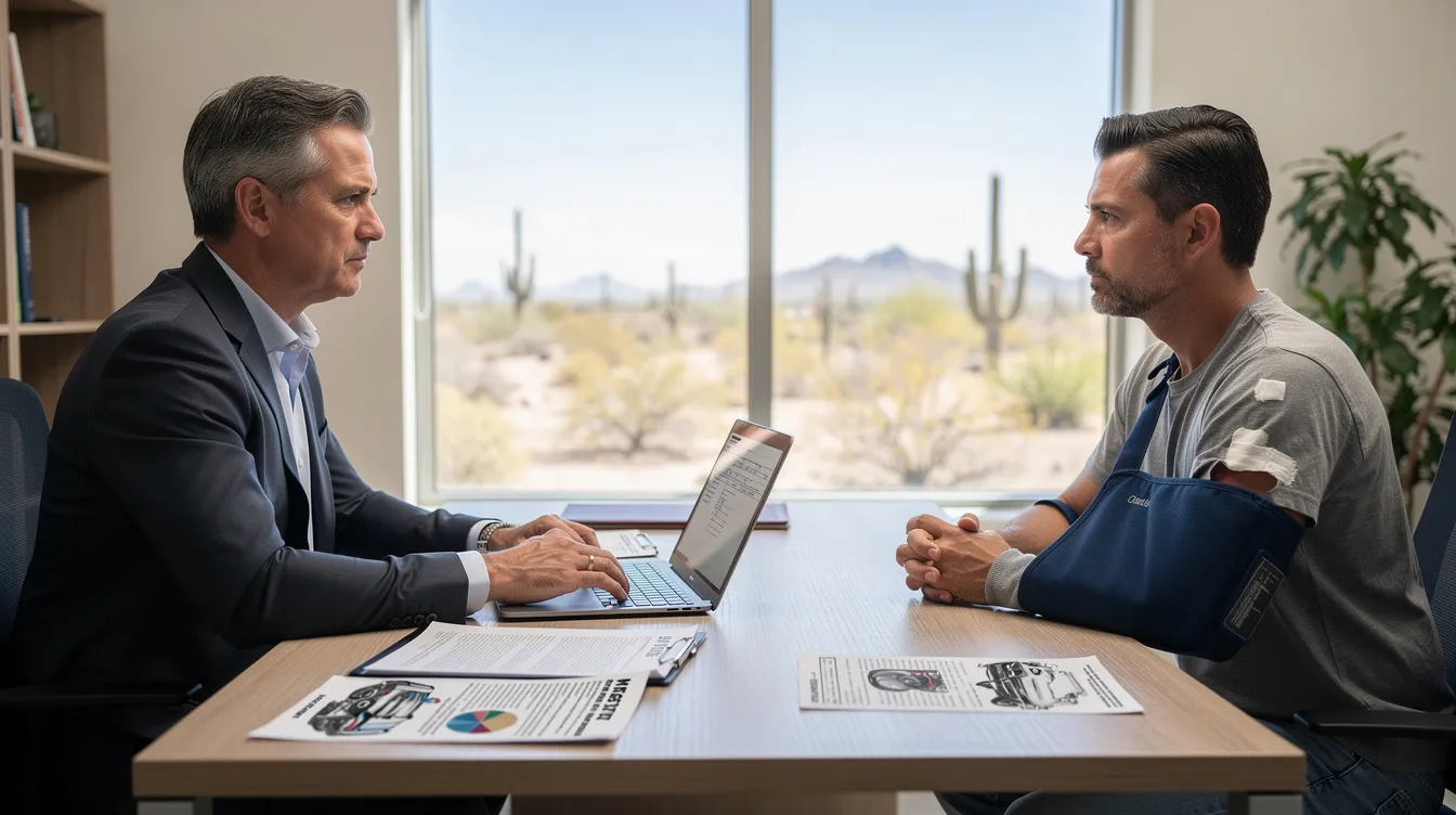 An ultra-realistic editorial photograph depicts a serious legal consultation in a Phoenix law office, featuring an attorney and an injured client engaged in a discussion about accident documents and medical records. The modern office interior, illuminated by bright Arizona daylight streaming through a large window, includes a laptop and paperwork on the desk, creating a professional atmosphere focused on personal injury and car accident claims.