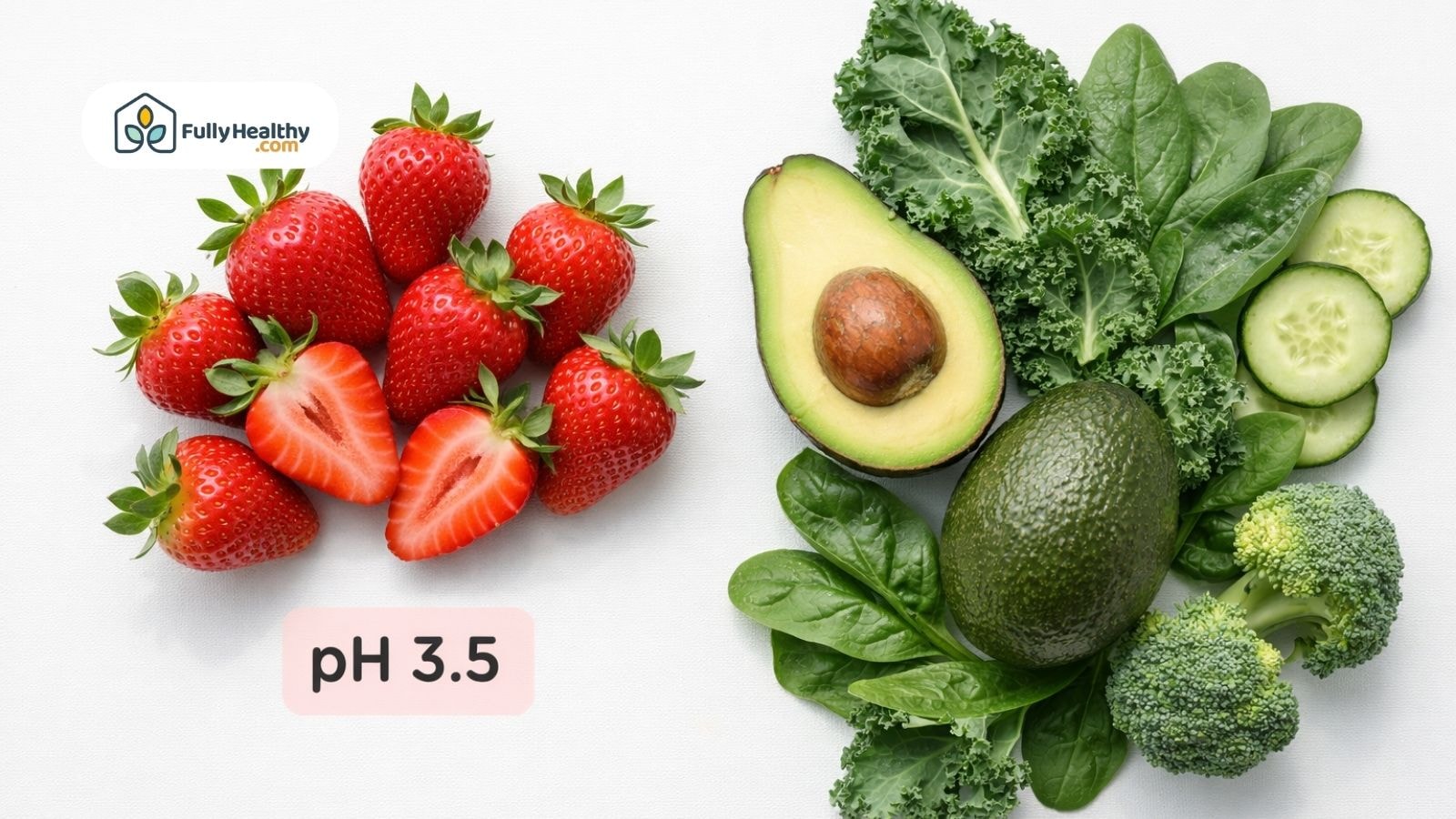 Strawberries next to alkaline vegetables with labeled pH value