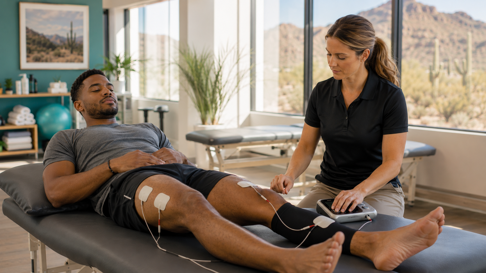 Athlete receives electrical muscle stimulation therapy on legs after training.