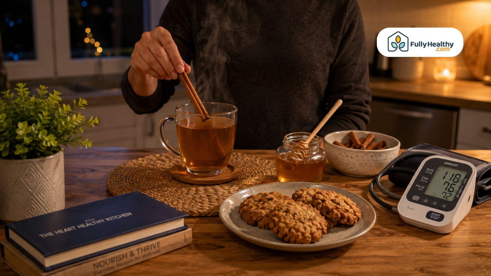 Person preparing cinnamon tea beside blood pressure monitor during relaxing evening routine