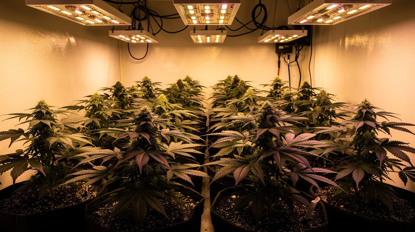 The image depicts an indoor cannabis grow room filled with compact, bushy plants showcasing vibrant purple-tinged leaves under warm LED grow lights. The scene highlights the rich colors and thick frosty coating of the plants, suggesting the presence of potent strains like Mendo Breath, known for its soothing effects and stress relief.