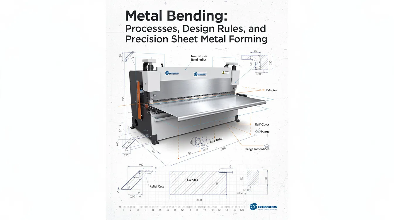 The image depicts various metal bending techniques used in precision sheet metal forming, showcasing tools like a press brake and a hydraulic press. It illustrates the bending process with flat sheets being shaped into complex forms, highlighting the importance of bend angles, material thickness, and the unique advantages of different bending methods.