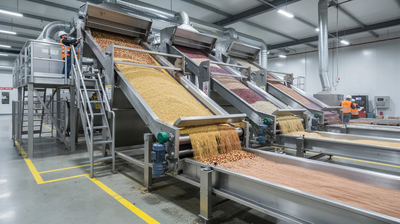b7e0e286 5bcd 4815 be4a 5d9136850723 The image depicts an industrial pulse sorting and grading operation, featuring conveyor belts and vibrating screens within a processing facility. This setup plays a crucial role in ensuring food safety and maintaining quality management systems for agricultural commodities like green gram and Bengal gram, while adhering to regulatory standards and hygiene requirements.